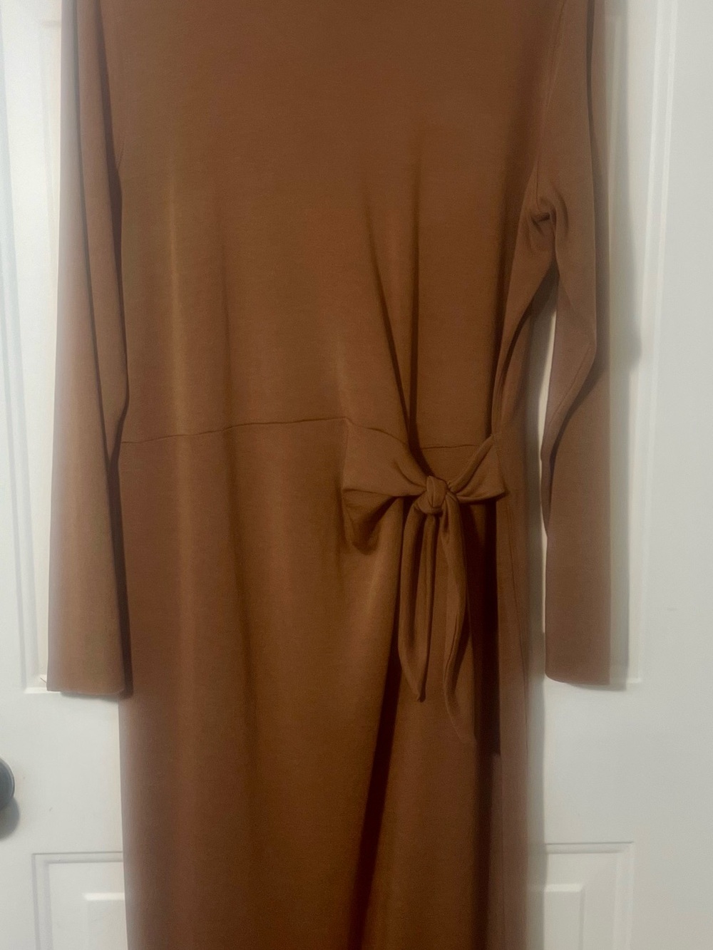 Kit and Ace Brushed French Terry Long Sleeve Tie-Waist Dress - Cognac Brown